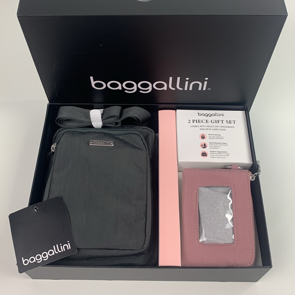 Baggallini Crossbody and Card Case Set Gray Pink RFID Protection 2piece set NWT
